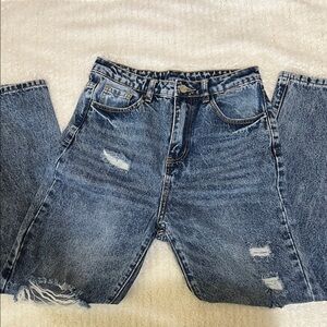 High-Rise Distressed Blue Denim Mom Jeans